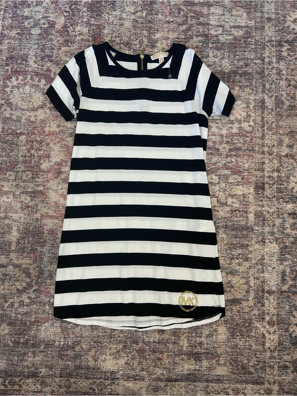 Michael Kors Black and White Striped Short Sleeve Dress with MK rhinestone logo